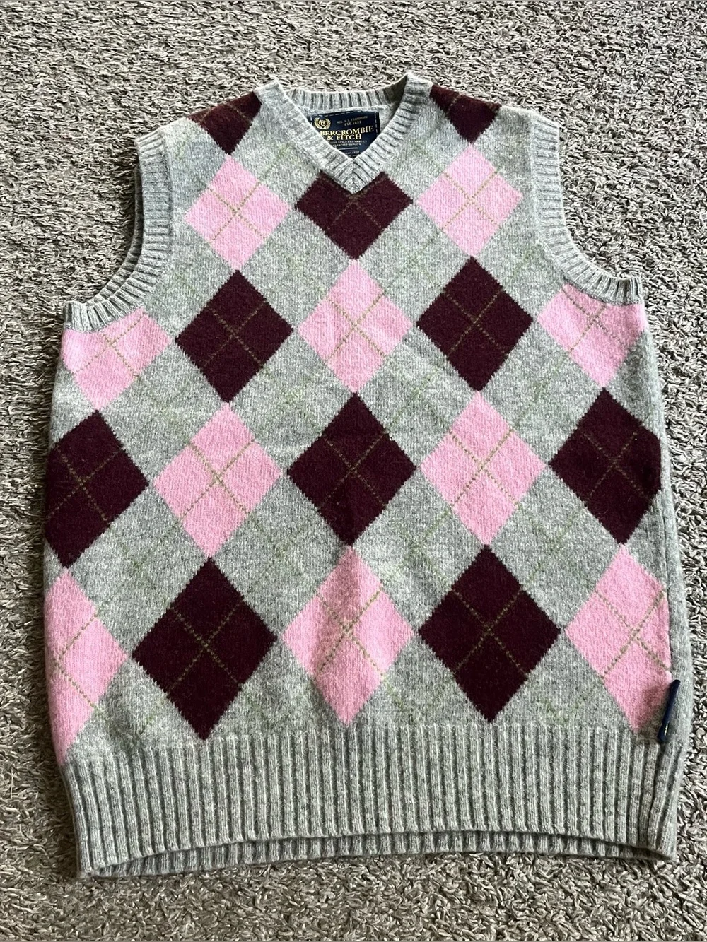 Men's Vintage Abercrombie & Fitch Lambswool Sweater Vest Pink Gray Argyle Preppy